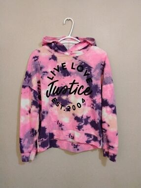 Justice Pink & Purple Tie-Dye Hoodie with Glitter Logo – Size XL GUC